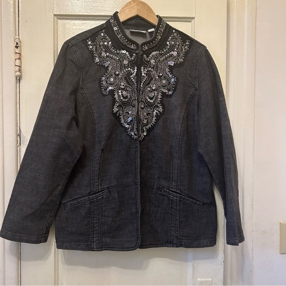Chico's Jackets & Blazers - Chicos 3 Beaded Sequin Dark Denim Wash Jacket Eye Hook Closures Pockets